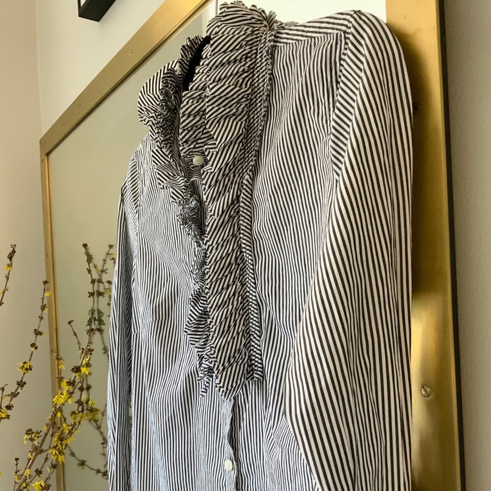 J Crew Ruffled Oxford Blue and White Stripe Shirt